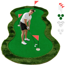 Golf Putting Green, 300 x 150 cm Golf Practice Mat with 3 Holes, Cups & Flags