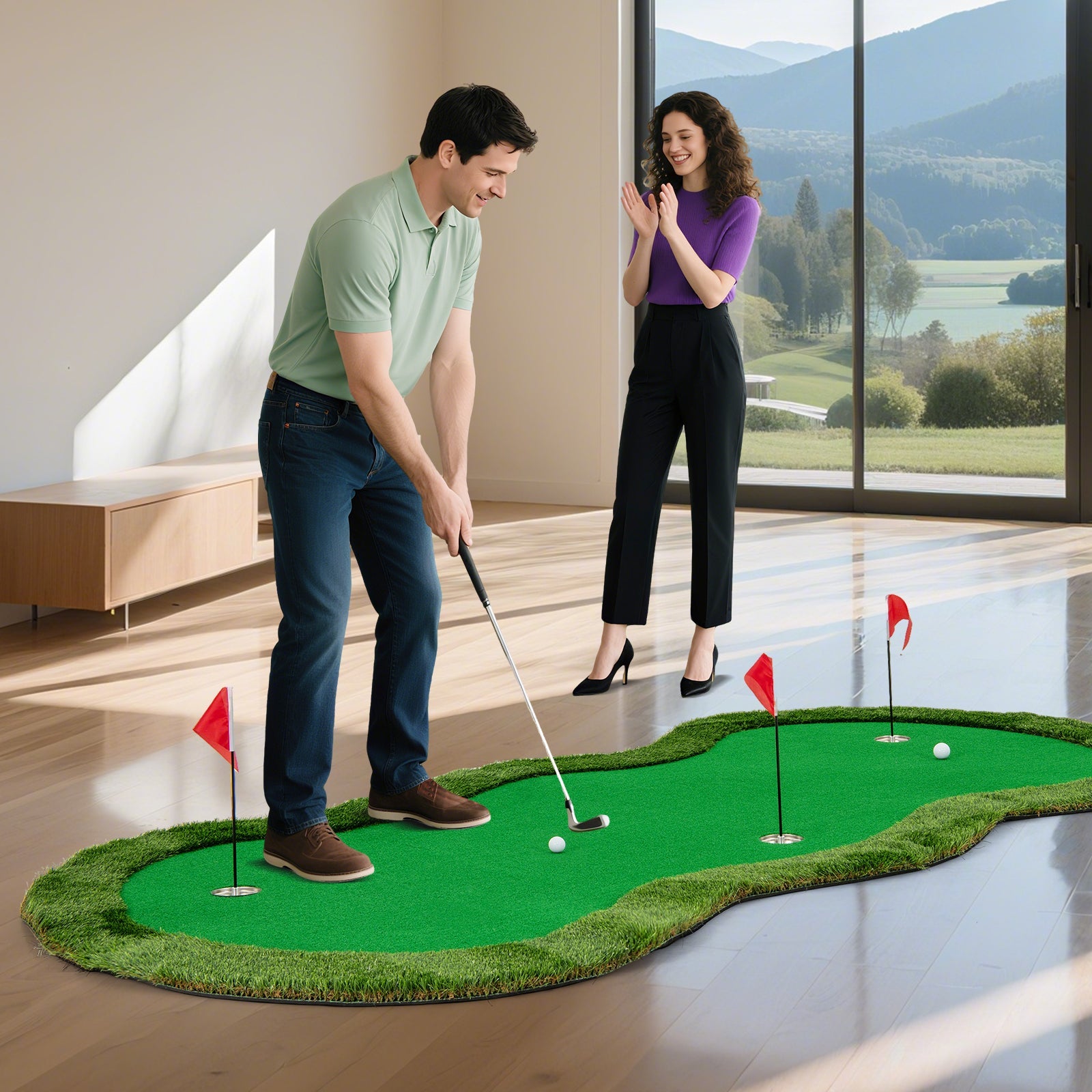 Golf Putting Green, 300 x 150 cm Golf Practice Mat with 3 Holes, Cups & Flags