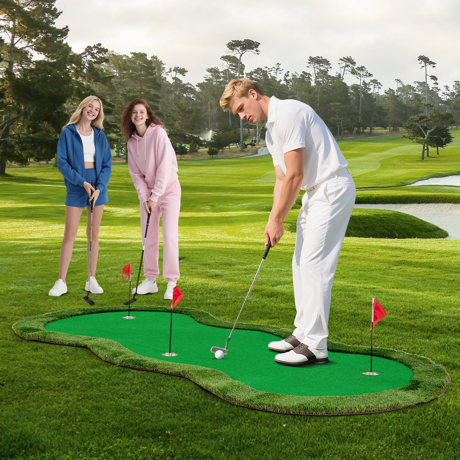 Golf Putting Green, 300 x 150 cm Golf Practice Mat with 3 Holes, Cups & Flags