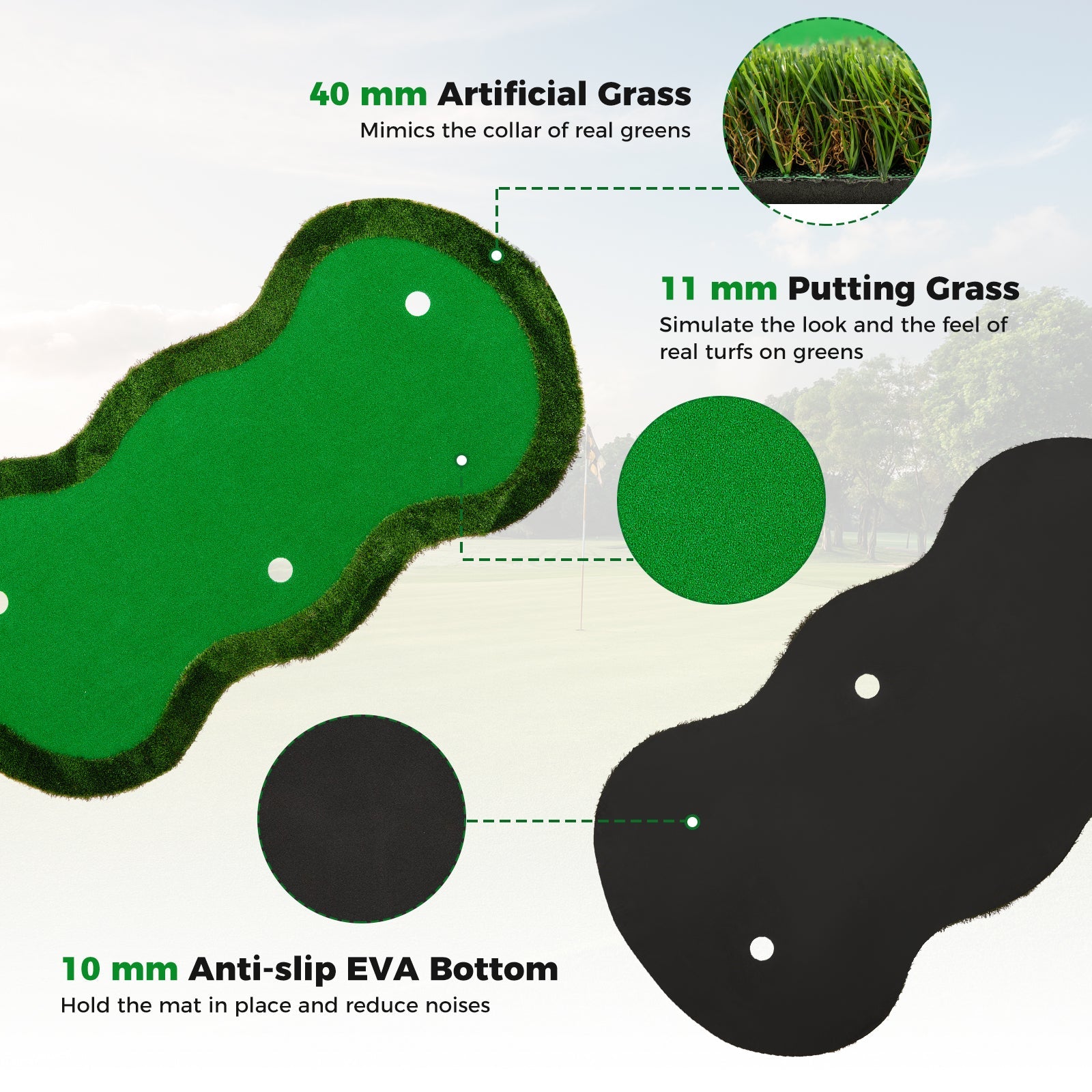 Golf Putting Green, 300 x 150 cm Golf Practice Mat with 3 Holes, Cups & Flags