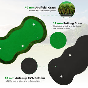 Golf Putting Green, 300 x 150 cm Golf Practice Mat with 3 Holes, Cups & Flags