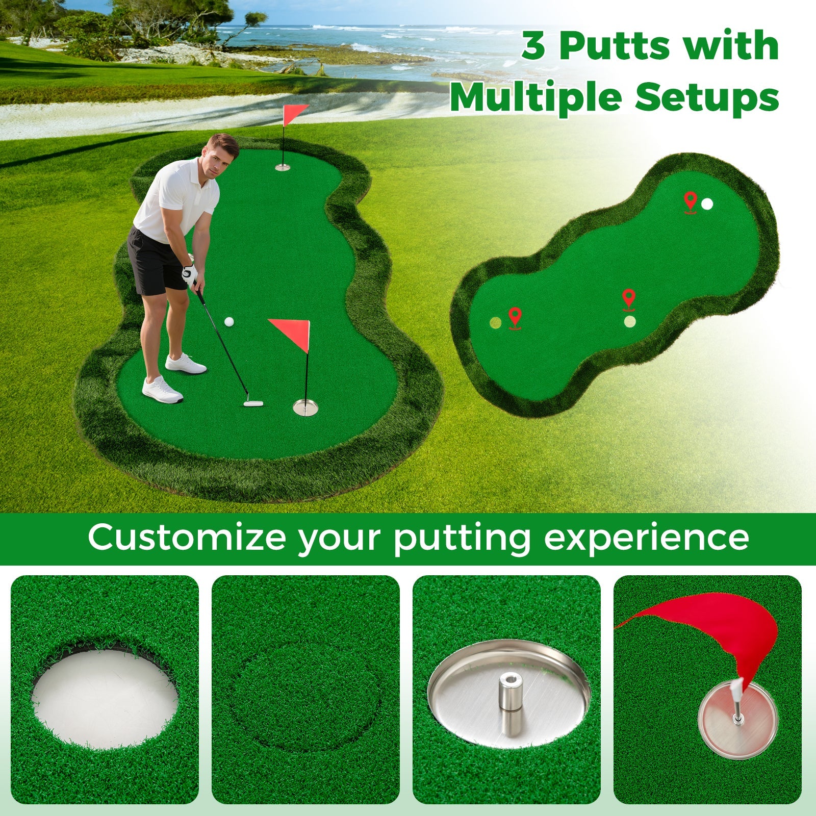 Golf Putting Green, 300 x 150 cm Golf Practice Mat with 3 Holes, Cups & Flags