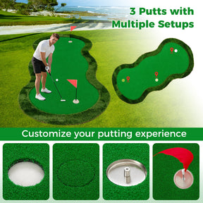 Golf Putting Green, 300 x 150 cm Golf Practice Mat with 3 Holes, Cups & Flags