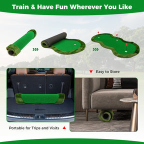 Golf Putting Green, 300 x 150 cm Golf Practice Mat with 3 Holes, Cups & Flags