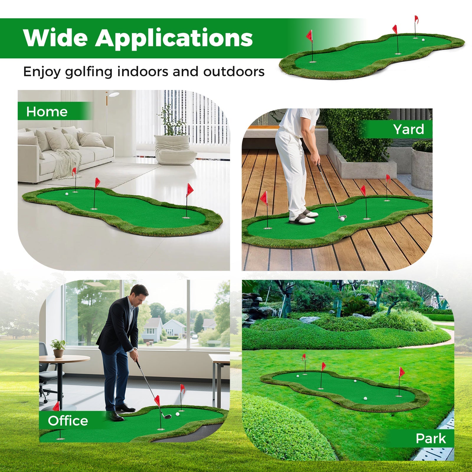 Golf Putting Green, 300 x 150 cm Golf Practice Mat with 3 Holes, Cups & Flags