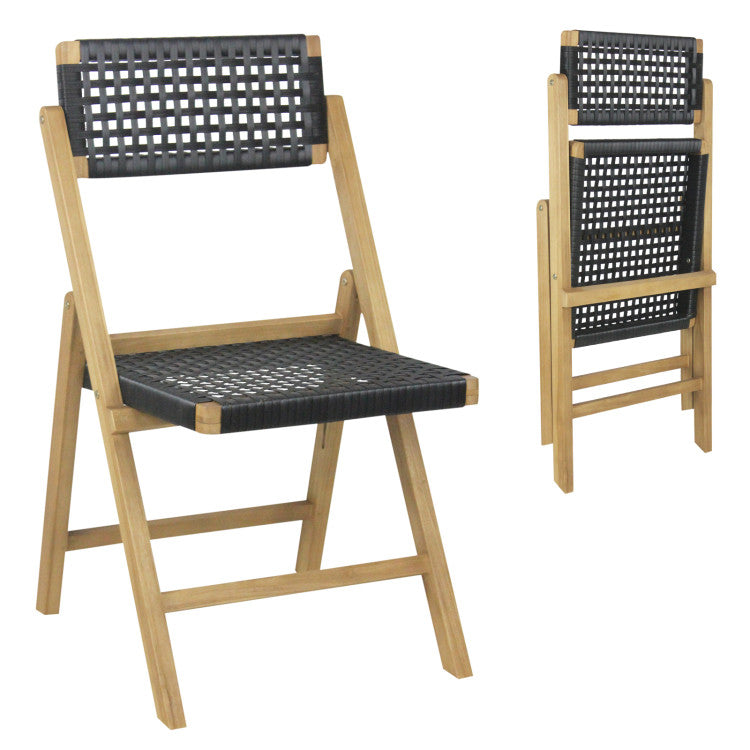 Set of 2 Patio High-Back Folding Chairs Portable Solid Teak Wood Dining Chairs with Woven Rope Seat & Back