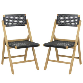 Set of 2 Patio High-Back Folding Chairs Portable Solid Teak Wood Dining Chairs with Woven Rope Seat & Back