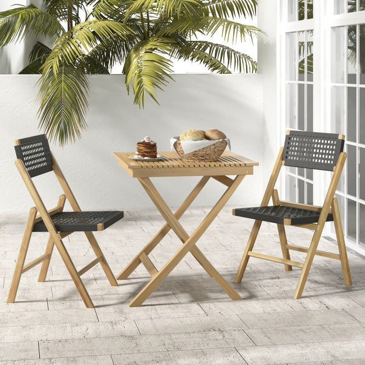 Set of 2 Patio High-Back Folding Chairs Portable Solid Teak Wood Dining Chairs with Woven Rope Seat & Back
