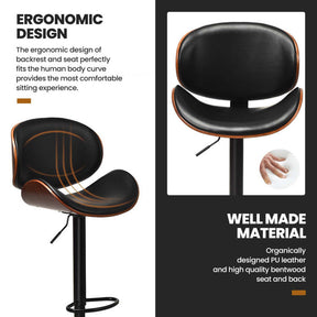 Set of 2 Bar Stools 360-degree Swivel Adjustable Barstools PU Leather Seat Dining Chairs with Curved Footrest