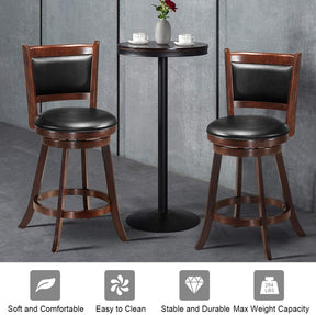 Set of 2 Bar Stools 360 Degree Swivel Accent Wooden Counter Height Dining Chairs with Cushioned Seat