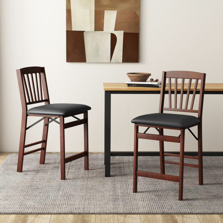 Set of 2 Counter Height Bar Stools Portable Folding Kitchen Island Chairs with Anti-slip Foot Pads and Inclined Backrests for Dining Room
