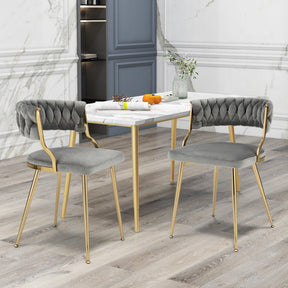 Set of 2 Velvet Dining Chair Set Woven Upholstered Side Chair with Curved Backrest and Metal Legs