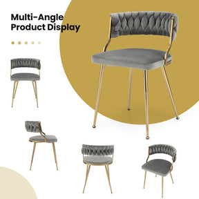 Set of 2 Velvet Dining Chair Set Woven Upholstered Side Chair with Curved Backrest and Metal Legs