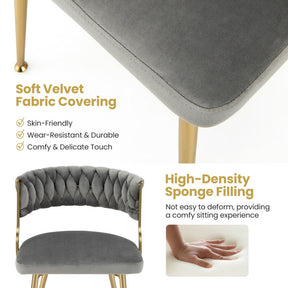 Set of 2 Velvet Dining Chair Set Woven Upholstered Side Chair with Curved Backrest and Metal Legs