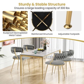 Set of 2 Velvet Dining Chair Set Woven Upholstered Side Chair with Curved Backrest and Metal Legs
