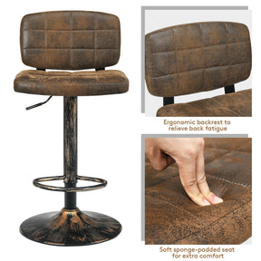 Set of 2 Vintage Bar Stools 360° Swivel Adjustable Height Bar Chairs with Footrest for Pub Kitchen