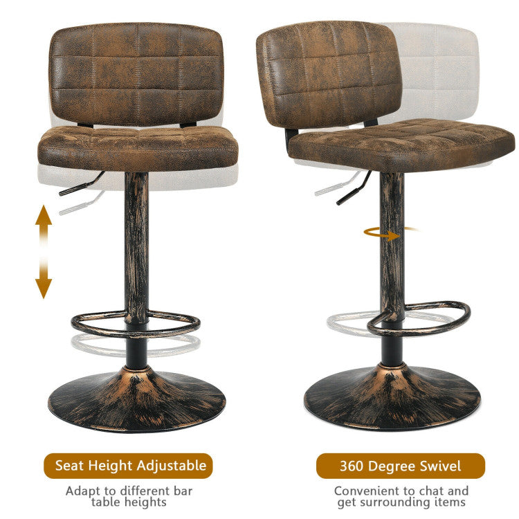 Set of 2 Vintage Bar Stools 360° Swivel Adjustable Height Bar Chairs with Footrest for Pub Kitchen
