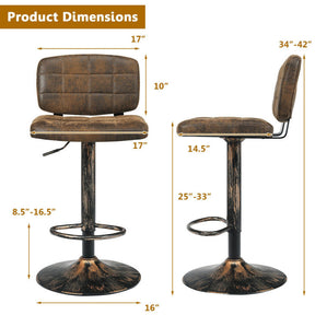 Set of 2 Vintage Bar Stools 360° Swivel Adjustable Height Bar Chairs with Footrest for Pub Kitchen