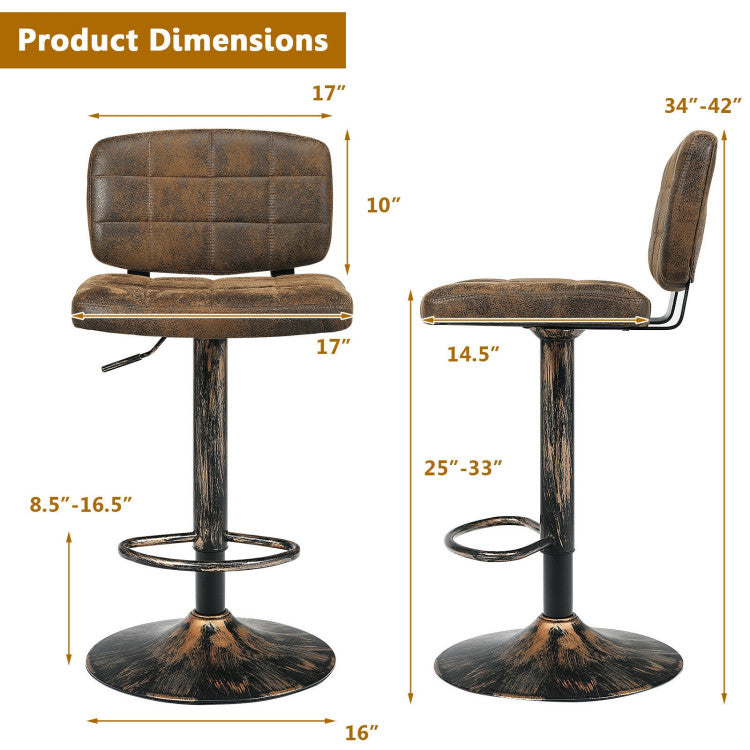 Set of 2 Vintage Bar Stools 360° Swivel Adjustable Height Bar Chairs with Footrest for Pub Kitchen