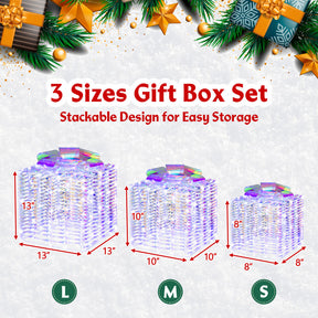 Set of 3 Christmas Gift Box with Iridescent Bows with 156 LED Lights and 6 Ground Stakes