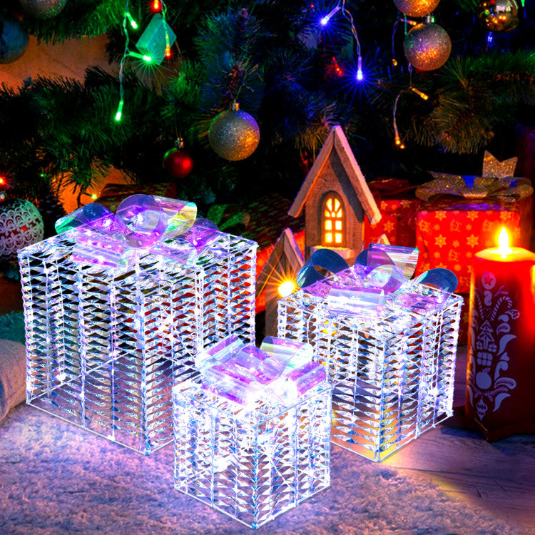 Set of 3 Christmas Gift Box with Iridescent Bows with 156 LED Lights and 6 Ground Stakes