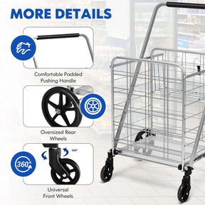 330 LBS Capacity Foldable Jumbo Shopping Cart w/360 Rolling Swivel Wheels, Double Basket, Heavy Duty Folding Utility Cart for Grocery Laundry Luggage