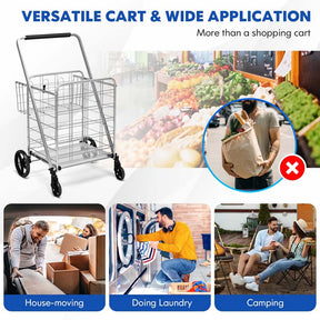 330 LBS Capacity Foldable Jumbo Shopping Cart w/360 Rolling Swivel Wheels, Double Basket, Heavy Duty Folding Utility Cart for Grocery Laundry Luggage