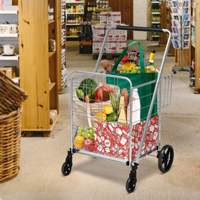 330 LBS Capacity Foldable Jumbo Shopping Cart w/360 Rolling Swivel Wheels, Double Basket, Heavy Duty Folding Utility Cart for Grocery Laundry Luggage