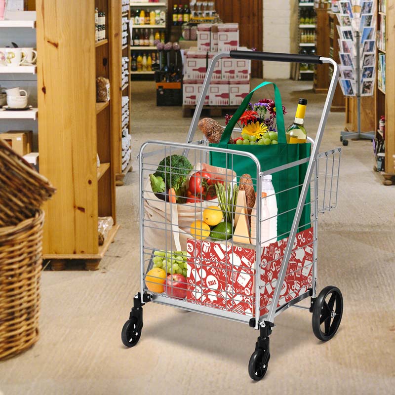 330 LBS Capacity Foldable Jumbo Shopping Cart w/360 Rolling Swivel Wheels, Double Basket, Heavy Duty Folding Utility Cart for Grocery Laundry Luggage
