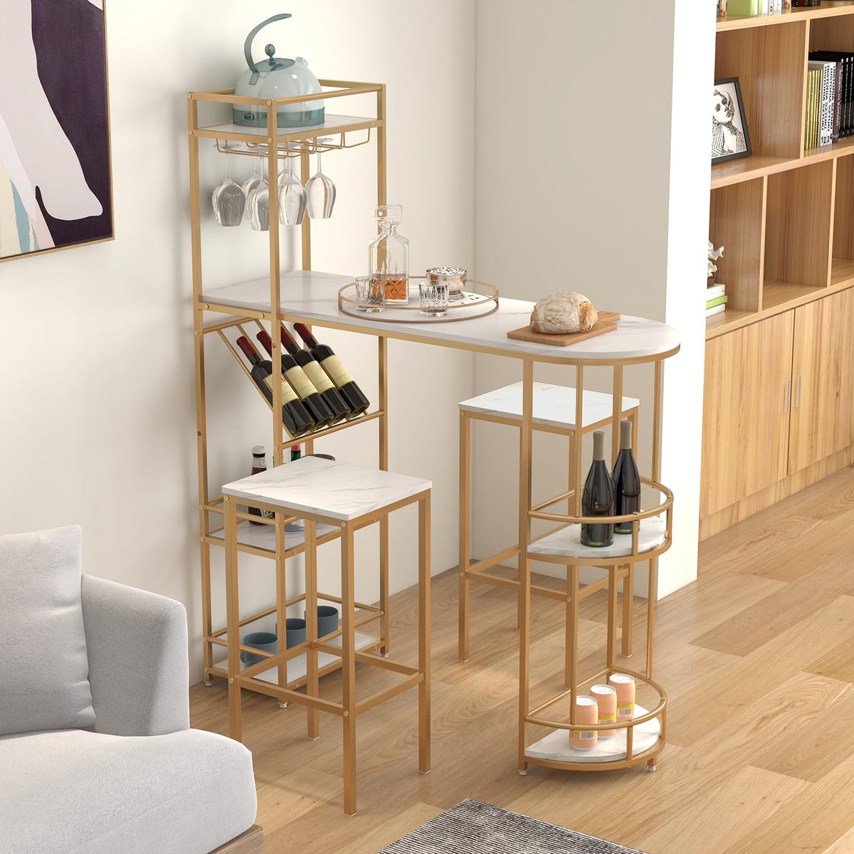 Giantex Bar Table & Stool Set for 2, 3 Piece Bar Table Set with Storage Shelves