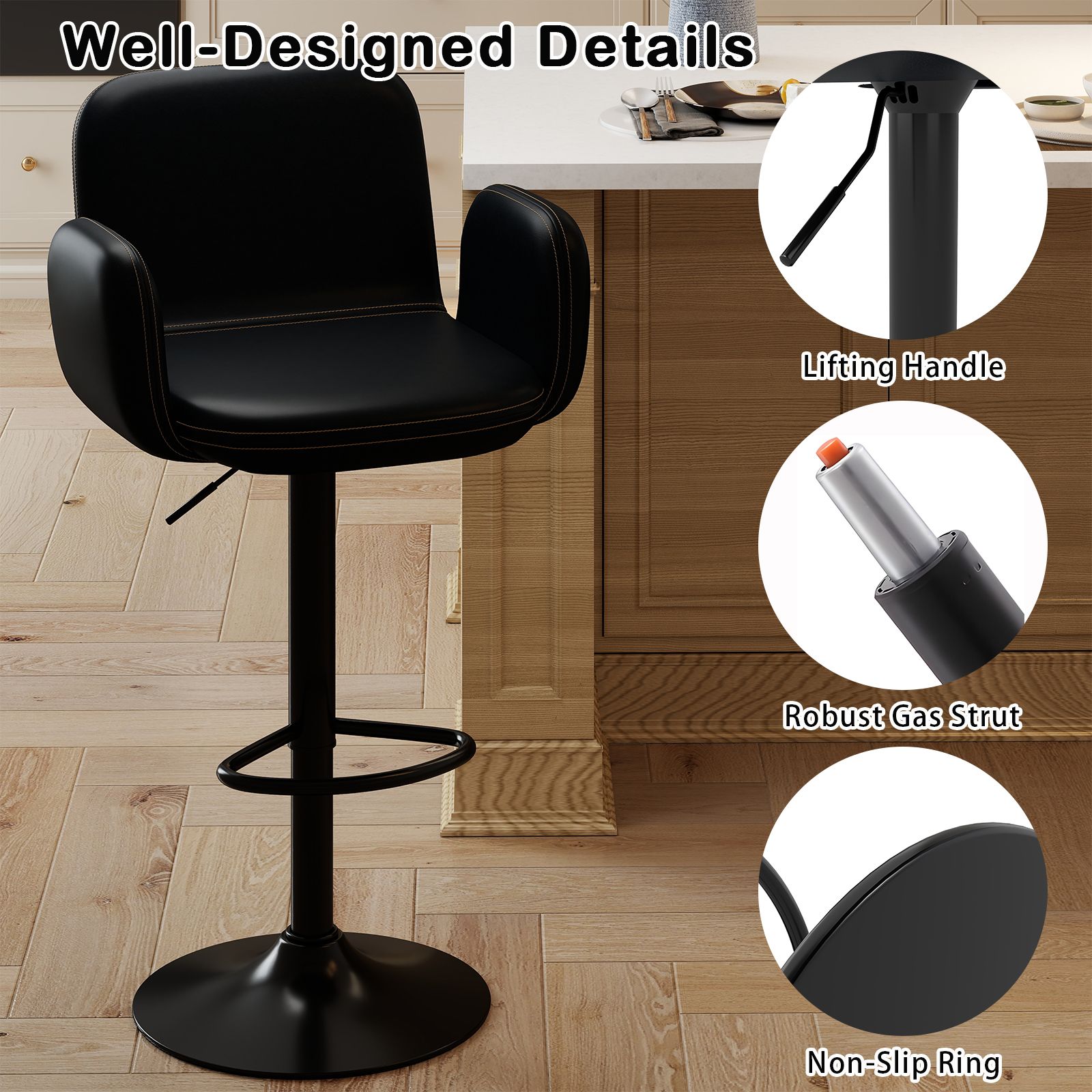 Swivel Bar Stools Set of 2 Modern PU Leather Bar Chairs with Adjustable Height