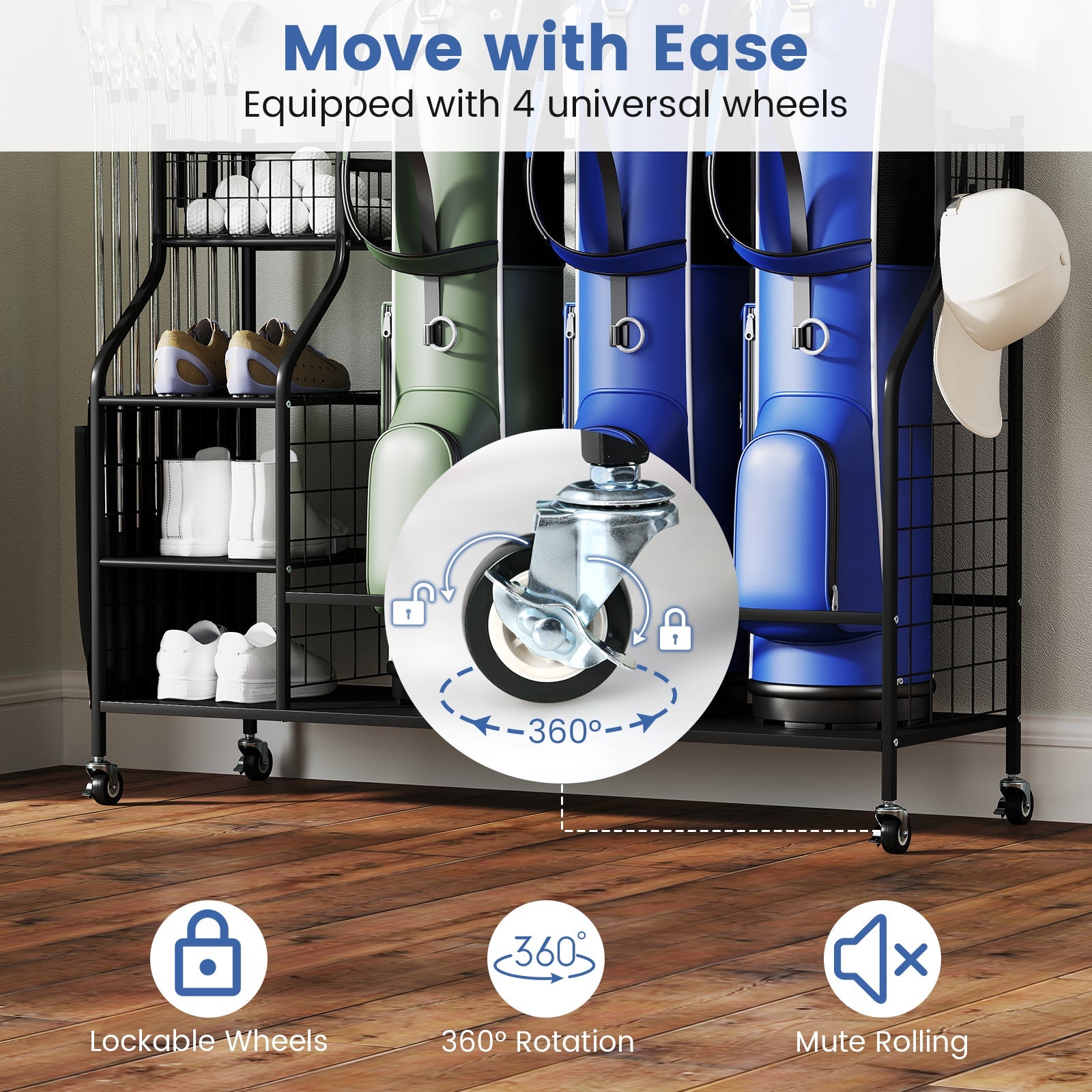 Balls and Golfing Equipment Accessories with Lockable Wheels and Removable Hooks