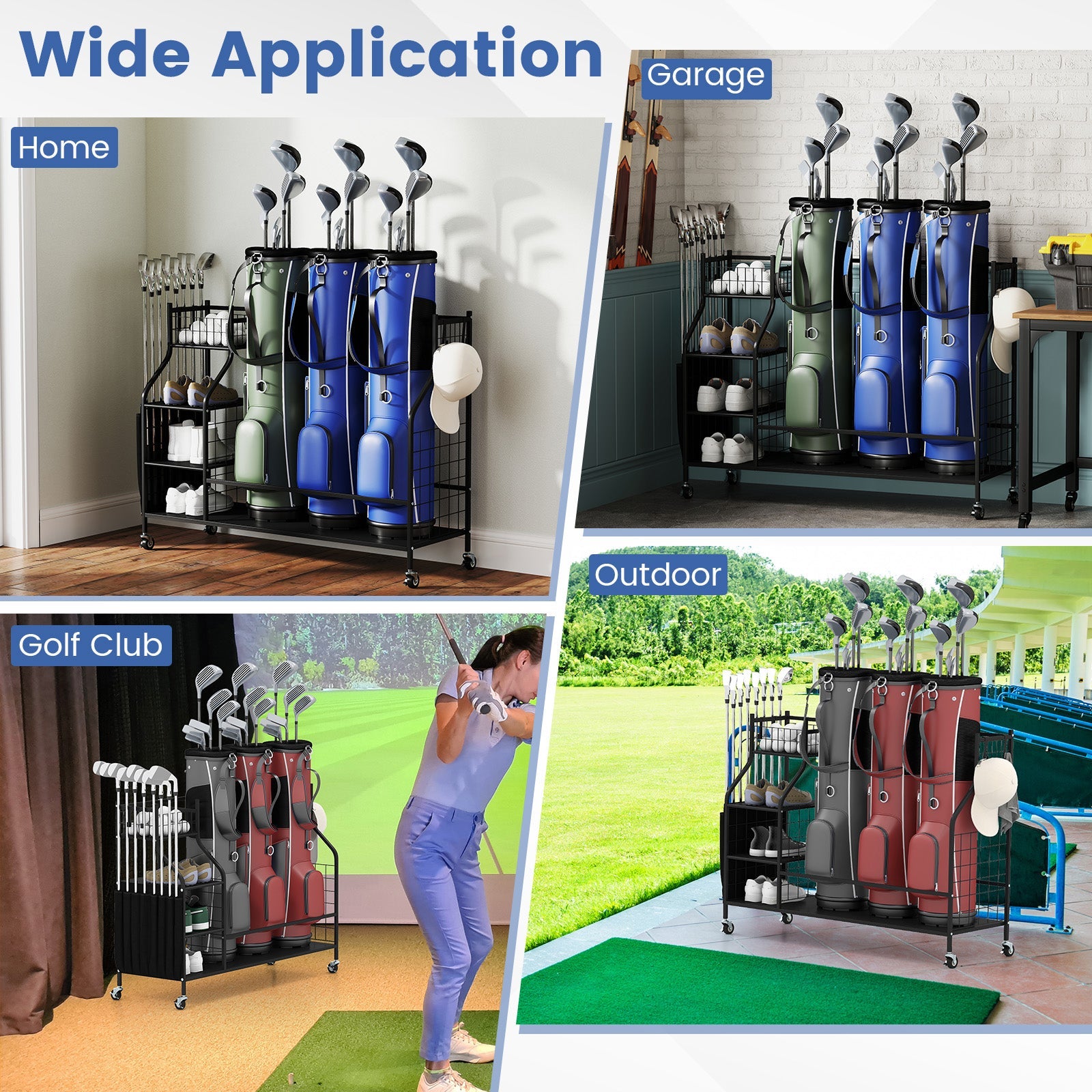 Balls and Golfing Equipment Accessories with Lockable Wheels and Removable Hooks