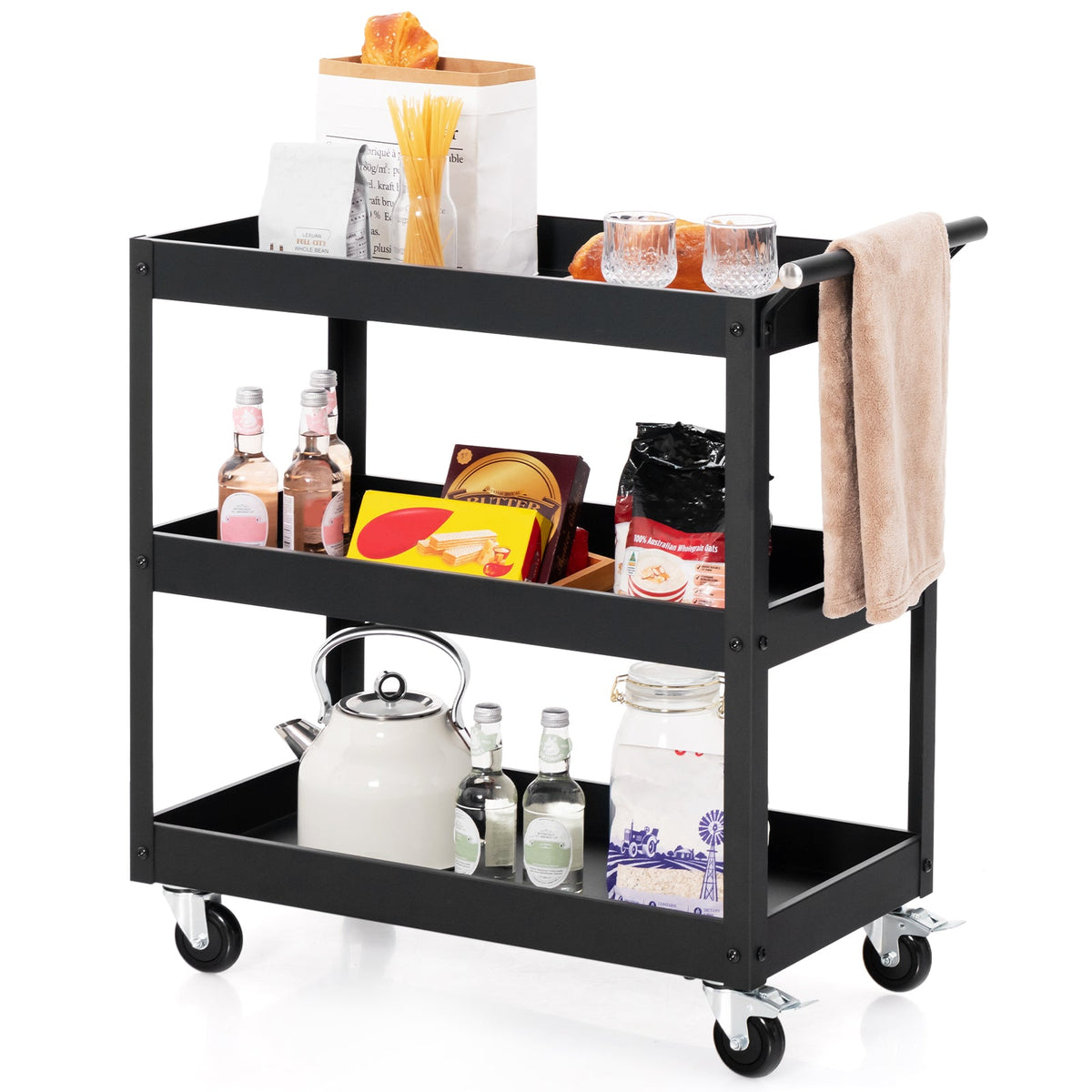 3-Tier Utility Cart, Heavy Duty Service Cart with Ample Storage Space & Humanized Handle