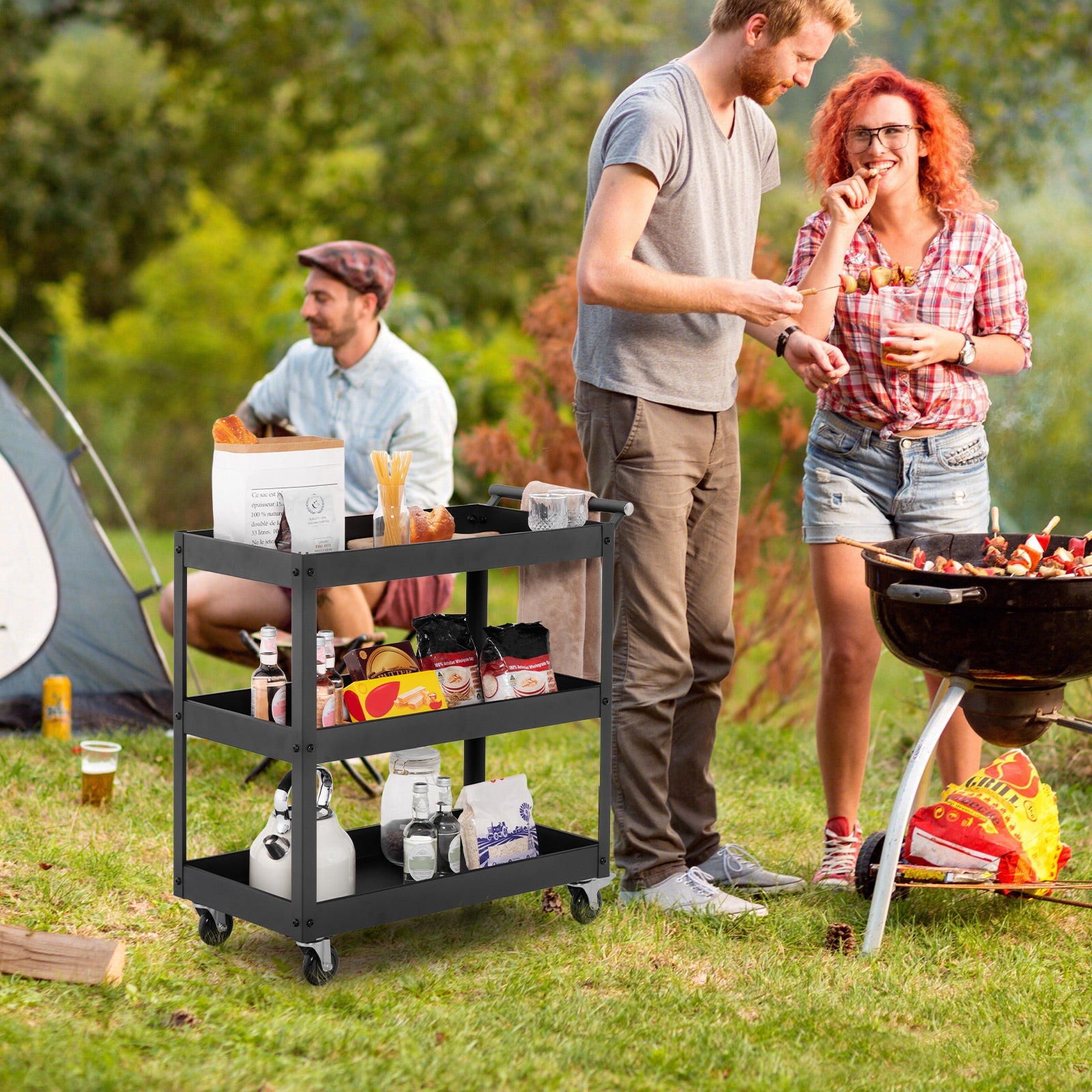 3-Tier Utility Cart, Heavy Duty Service Cart with Ample Storage Space & Humanized Handle