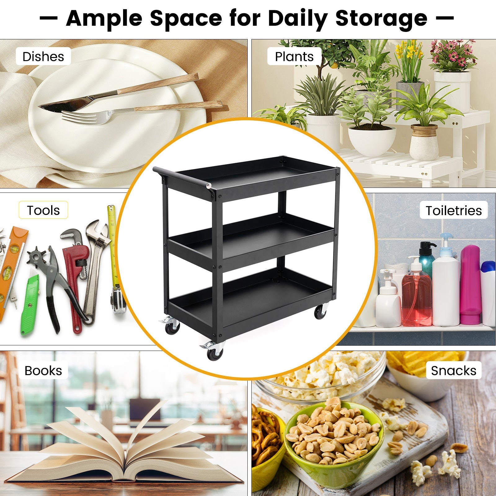 3-Tier Utility Cart, Heavy Duty Service Cart with Ample Storage Space & Humanized Handle