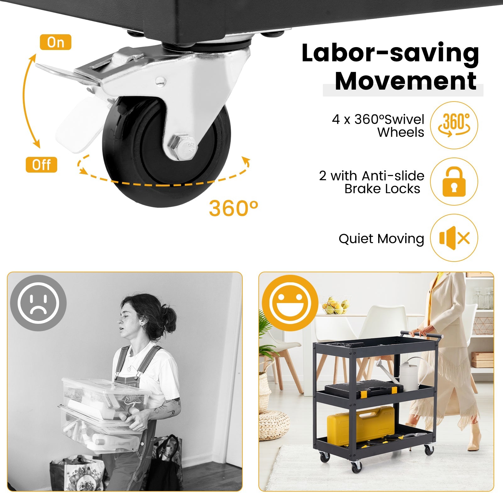 3-Tier Utility Cart, Heavy Duty Service Cart with Ample Storage Space & Humanized Handle