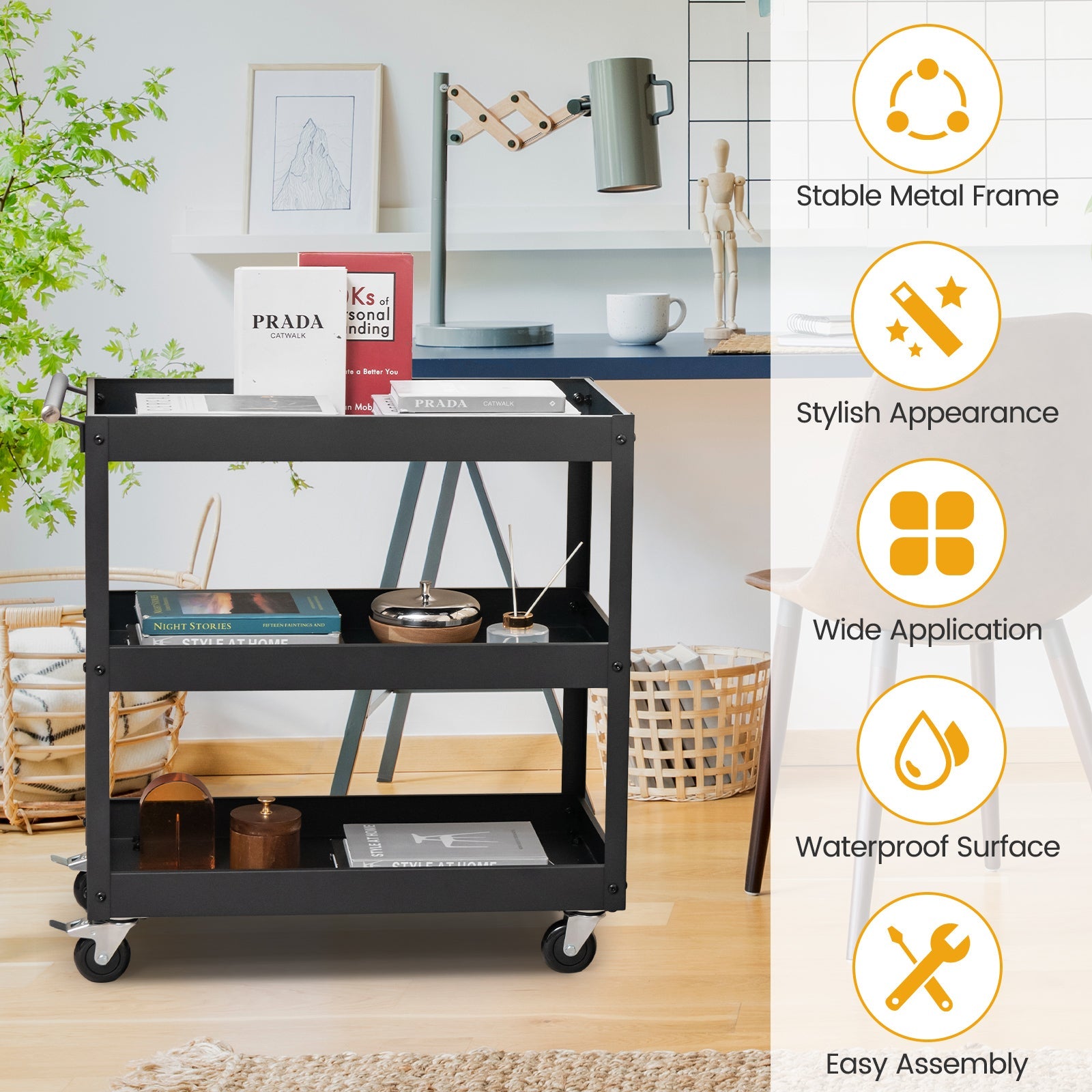 3-Tier Utility Cart, Heavy Duty Service Cart with Ample Storage Space & Humanized Handle