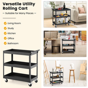 3-Tier Utility Cart, Heavy Duty Service Cart with Ample Storage Space & Humanized Handle