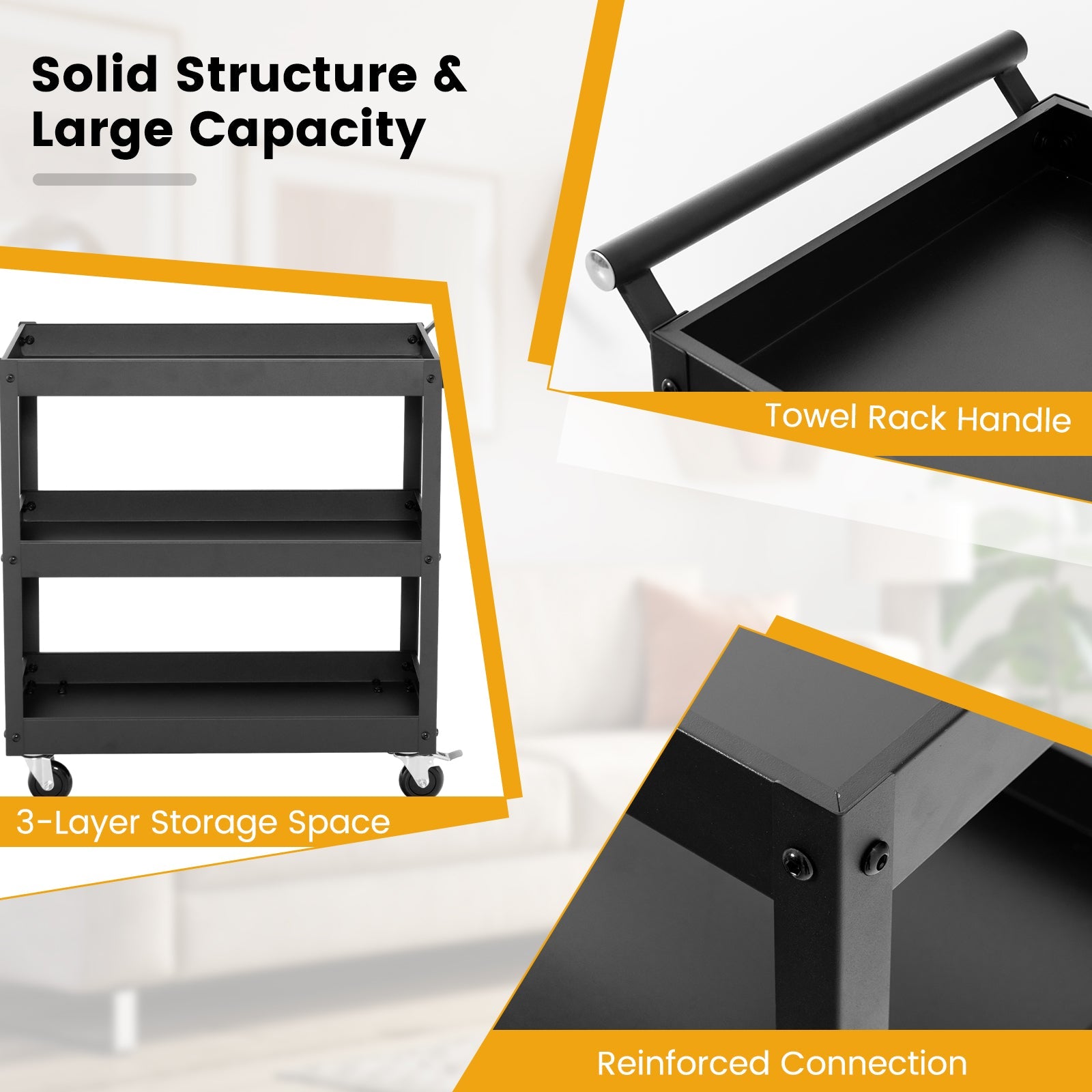 3-Tier Utility Cart, Heavy Duty Service Cart with Ample Storage Space & Humanized Handle
