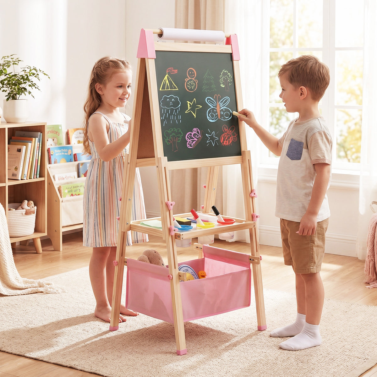 Kids Art Easel, Adjustable Height Double Sided Easel w/Chalkboard & Whiteboard, Replaceable Paper Roll