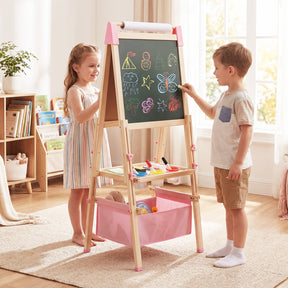 Kids Art Easel, Adjustable Height Double Sided Easel w/Chalkboard & Whiteboard, Replaceable Paper Roll