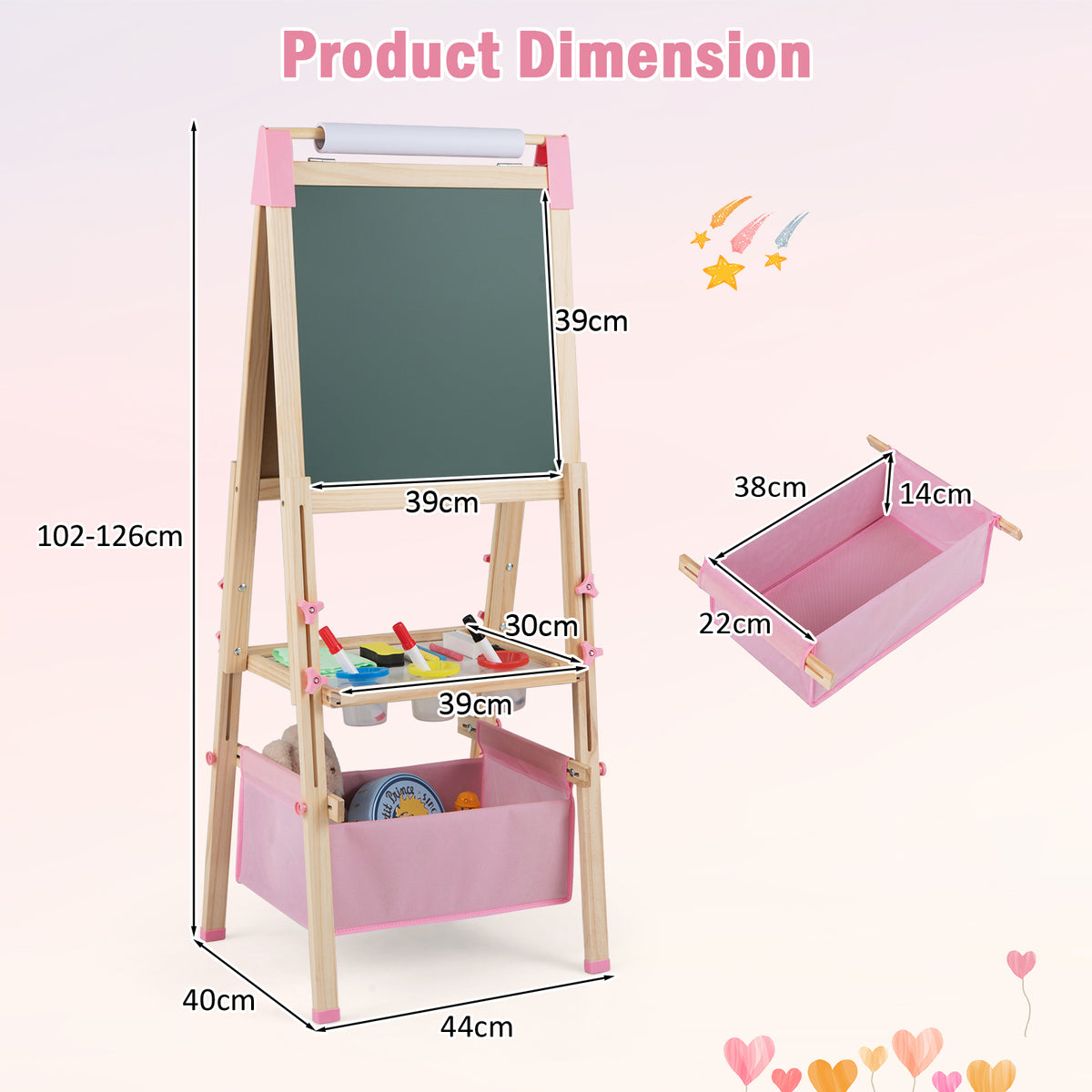 Kids Art Easel, Adjustable Height Double Sided Easel w/Chalkboard & Whiteboard, Replaceable Paper Roll