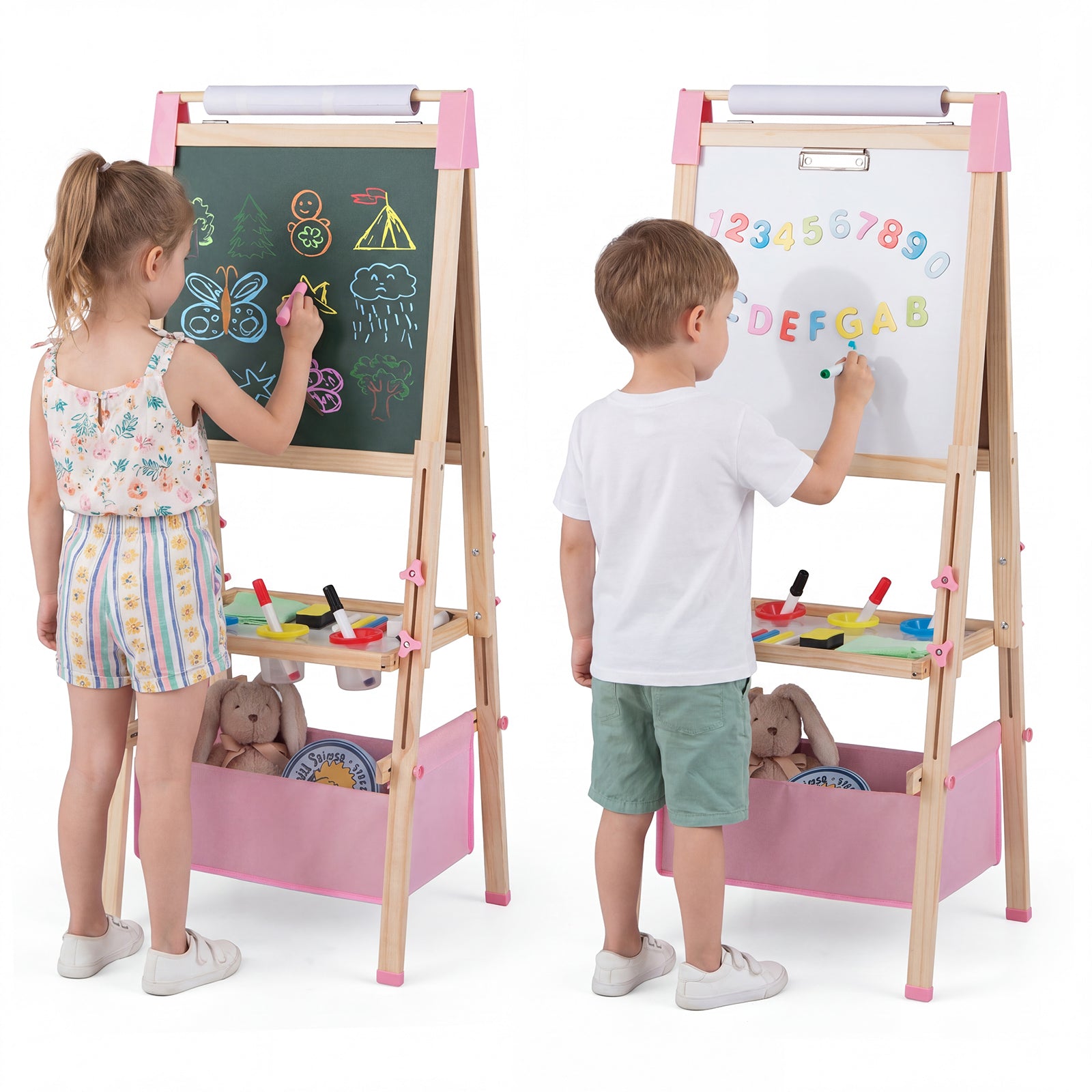 Kids Art Easel, Adjustable Height Double Sided Easel w/Chalkboard & Whiteboard, Replaceable Paper Roll