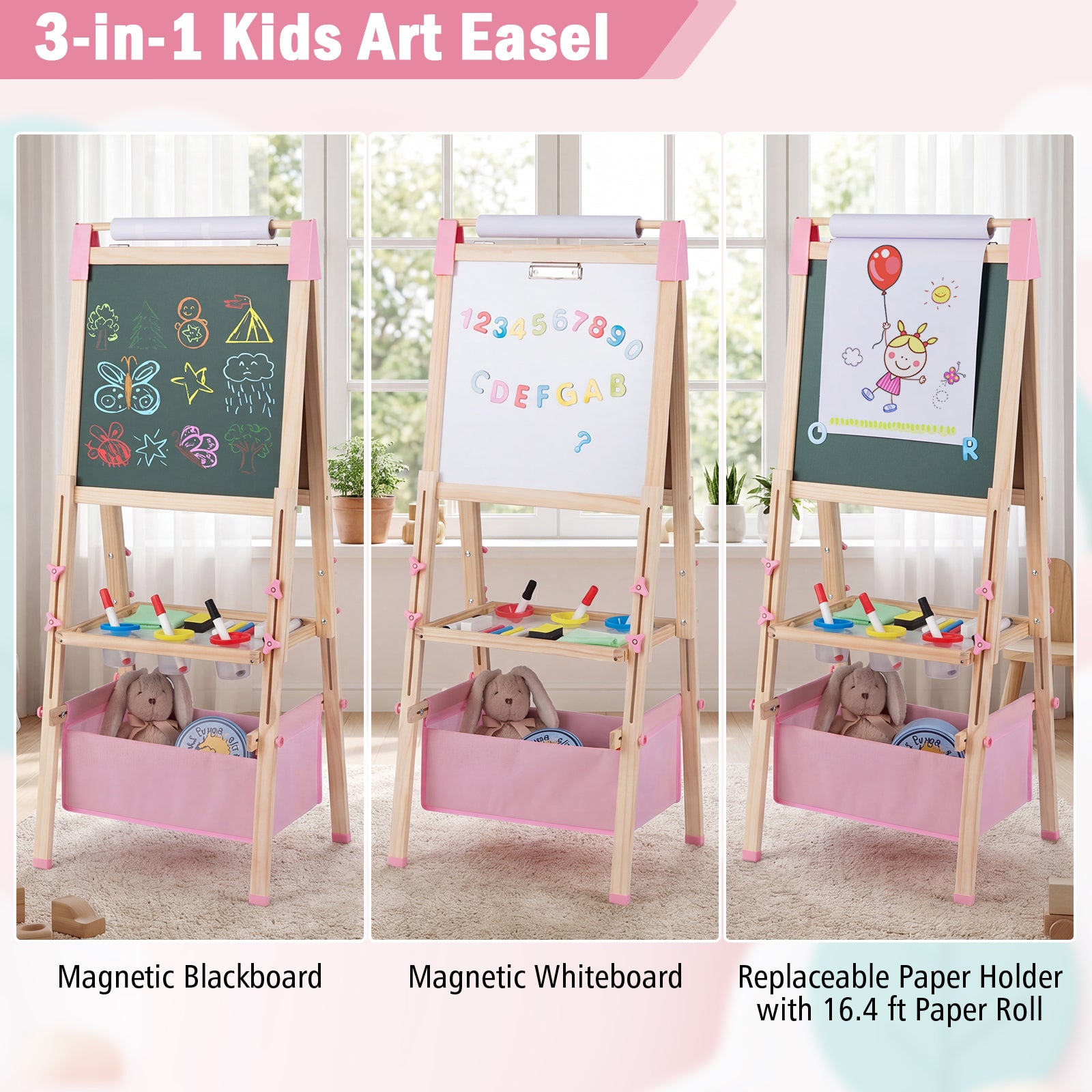 Kids Art Easel, Adjustable Height Double Sided Easel w/Chalkboard & Whiteboard, Replaceable Paper Roll