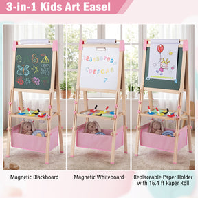 Kids Art Easel, Adjustable Height Double Sided Easel w/Chalkboard & Whiteboard, Replaceable Paper Roll