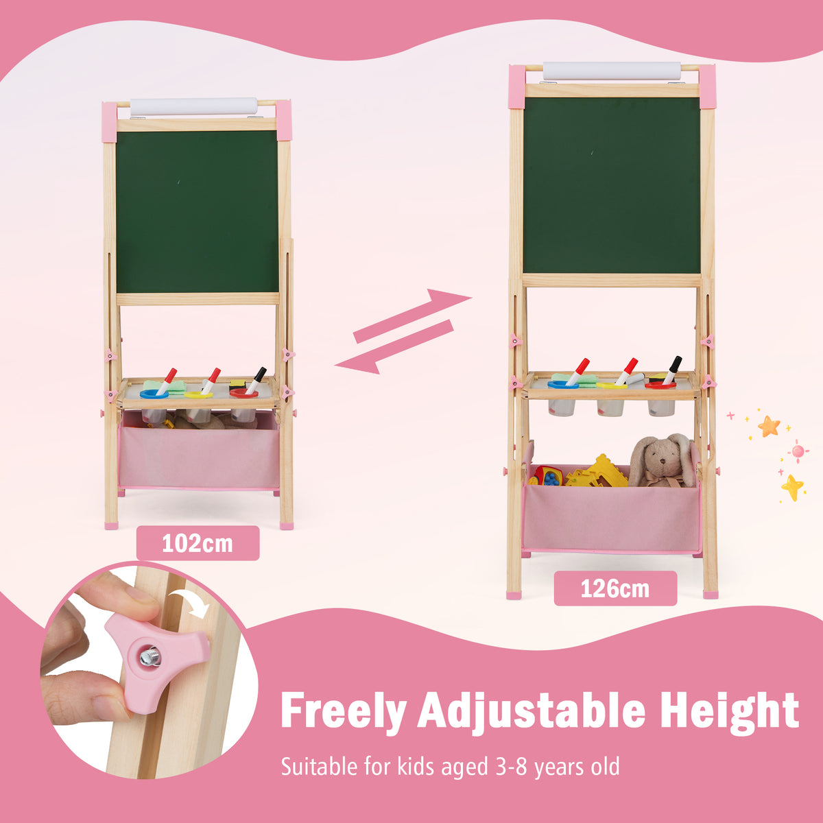 Kids Art Easel, Adjustable Height Double Sided Easel w/Chalkboard & Whiteboard, Replaceable Paper Roll