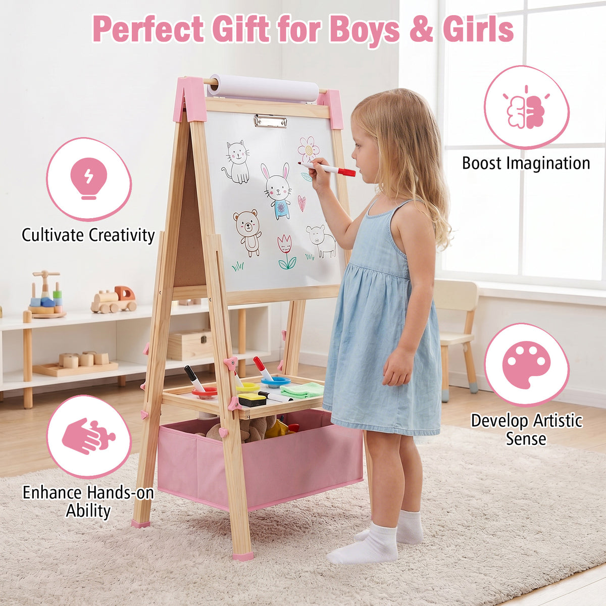 Kids Art Easel, Adjustable Height Double Sided Easel w/Chalkboard & Whiteboard, Replaceable Paper Roll