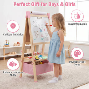 Kids Art Easel, Adjustable Height Double Sided Easel w/Chalkboard & Whiteboard, Replaceable Paper Roll