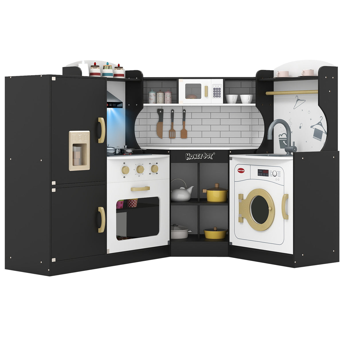Hikidspace Corner Play Kitchen, Toddler Kitchen Playset with Range Hood, Ice Maker, Microwave, Oven, Sink, Washing Machine